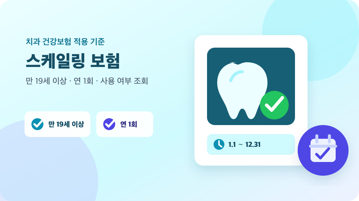 치아와 연 1회 확인 카드로 표현한 스케일링 건강보험 적용 기준 안내