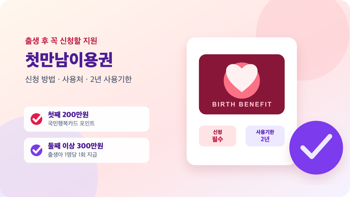 첫만남이용권 첫째 200만원, 둘째 이상 300만원과 신청 방법을 안내하는 이미지