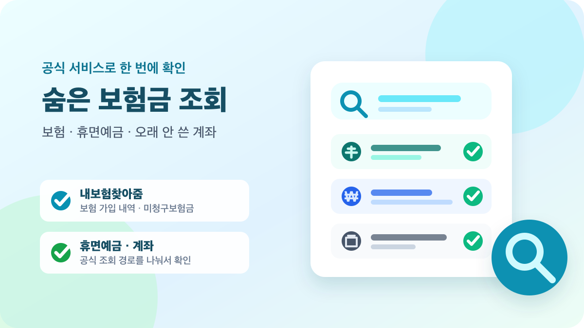 검색창과 보험금·예금 조회 결과 카드로 표현한 숨은 보험금과 휴면예금 조회 안내