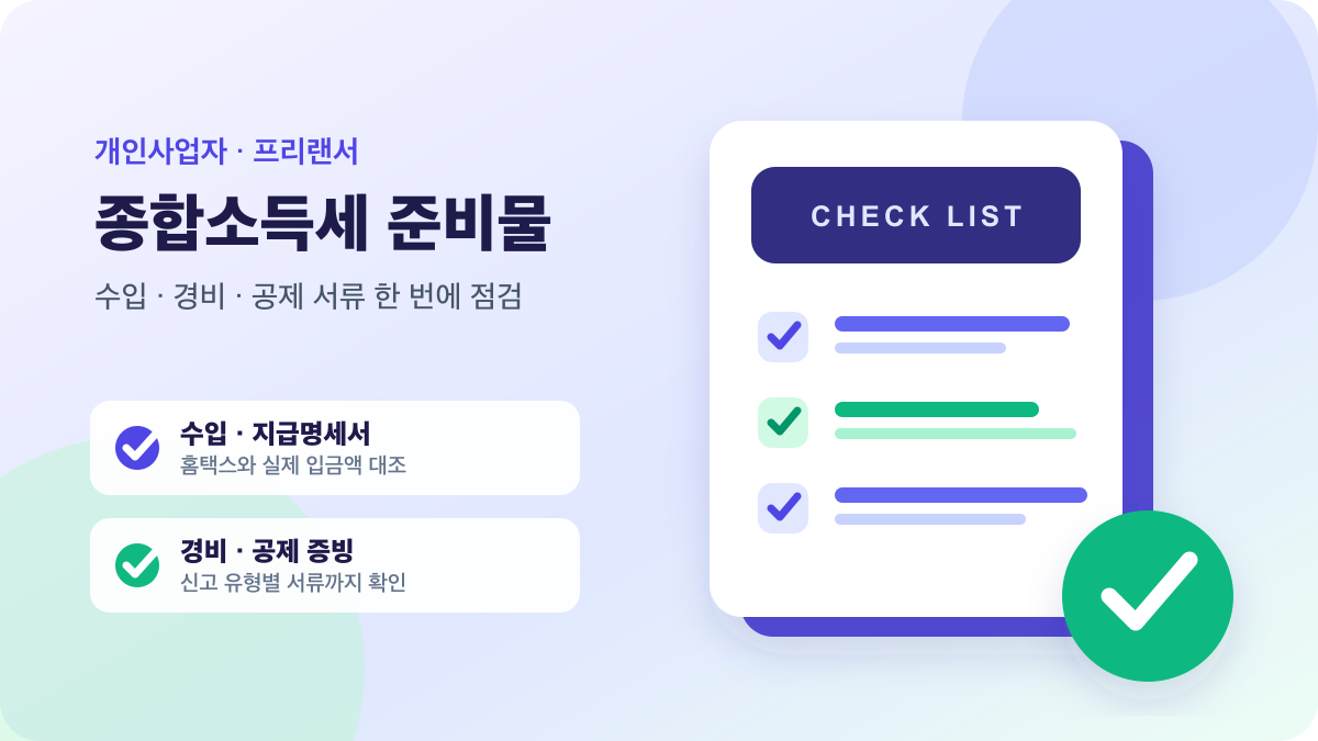 수입·경비·공제 서류와 확인 표시로 표현한 종합소득세 신고 준비물 체크리스트