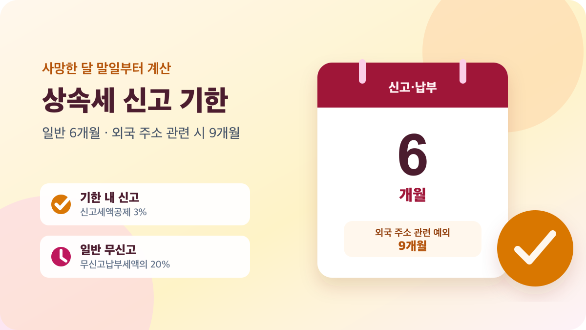 상속세 신고 기한이 일반 6개월이고 외국 주소 관련 시 9개월임을 보여주는 달력 일러스트