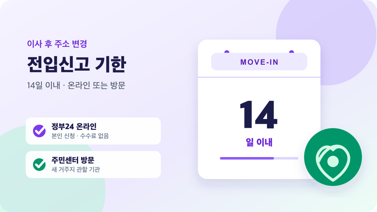 이사한 날부터 14일 이내 전입신고와 정부24 온라인·주민센터 방문 방법을 나타낸 달력 이미지