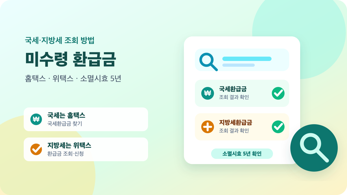 국세와 지방세 조회 결과 카드로 표현한 미수령 환급금 조회 안내