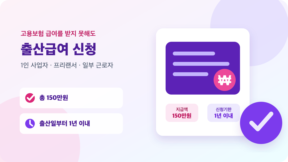 고용보험 미적용자 출산급여 총 150만원과 출산일부터 1년 이내 신청기한을 안내하는 이미지